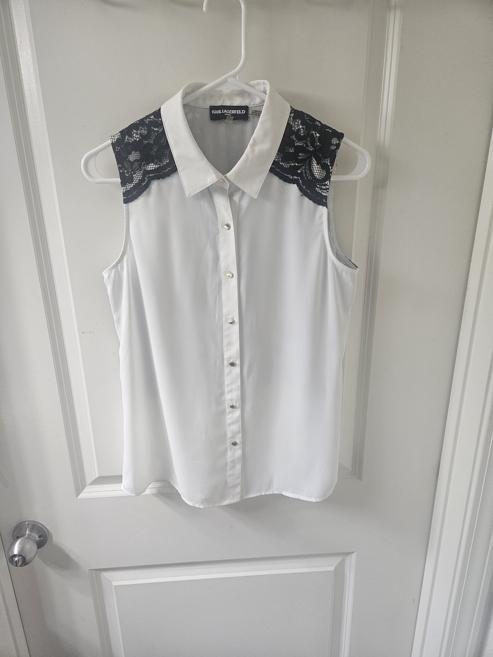 Karl Lagerfeld White Sleeveless Button-Up Blouse with Black Lace Yoke